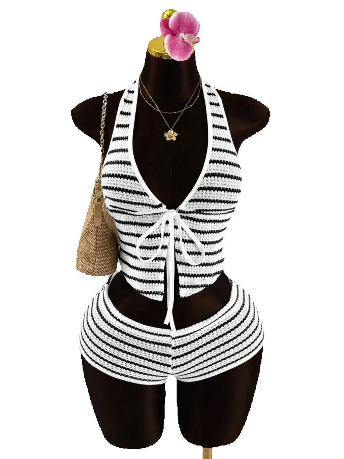 Women's Set Summer Casual Sexy Color Blocked Hanging Neck Sleeveless Tied Top + Color Blocked Elastic Waist Shorts Set