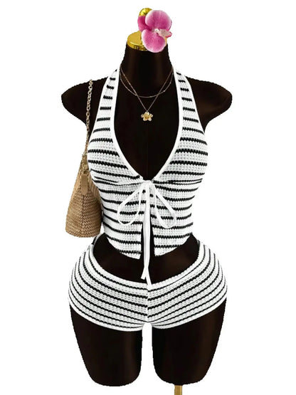 Women's Set Summer Casual Sexy Color Blocked Hanging Neck Sleeveless Tied Top + Color Blocked Elastic Waist Shorts Set