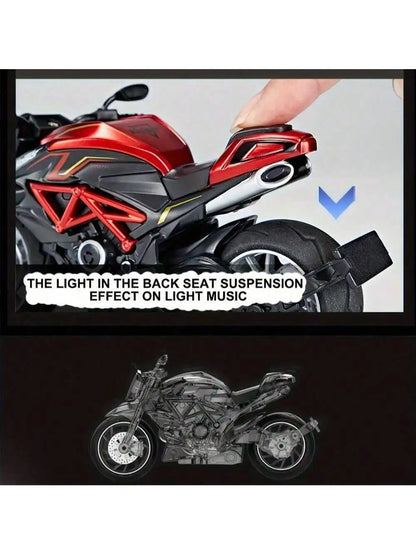 1:12 Scale Die-Cast Alloy Motorcycle Toy with Real Engine Sound & LED Light Effects - Friction-Powered Crash-Resistant Ride-On T