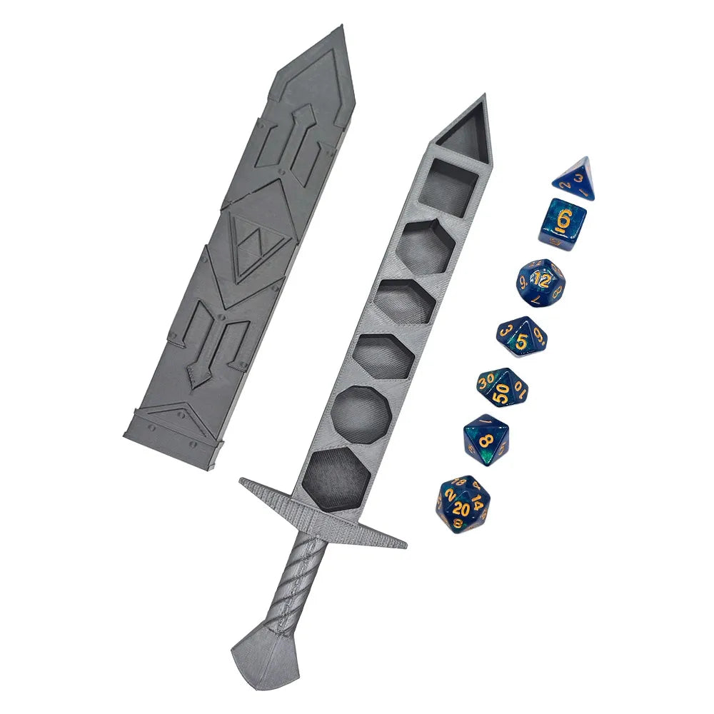 Creative Silvery Sword-shaped Storage Box with 7Pcs DND Dices Set Portable RPG TRPG Games Dice Role Playing Games Accessories