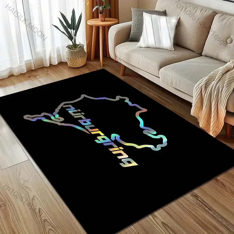 Race Track Inspired Area Rug – F1 Style Circuit Carpet for Living Room & Bedroom, Non-Slip Washable Large Floor Mat