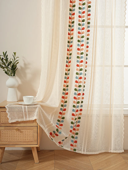 2PCS Four Color Leaf Embroidery Lace Rod Pocket Bag Curtains, Living Room Bedroom Simple and Warm Atmosphere Decorative Curtains