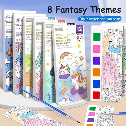 Portable Watercolor Book Set - 12 Sheets Gouache Painting with Brush, Kids Graffiti Drawing Art Stationery
