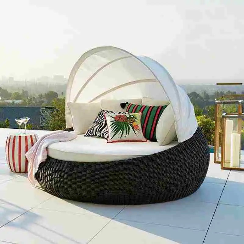 HYS outdoor rattan large round bed garden courtyard balcony bed recliner leisure creative lazy rattan chair sofa bed furniture
