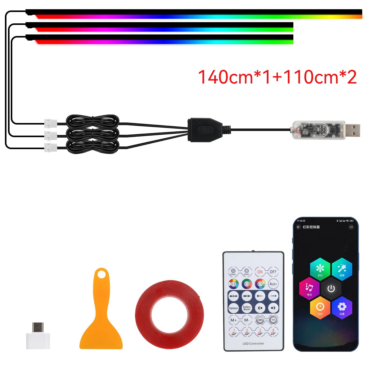 10 in 1 Car Interior Acrylic LED Ambient Lights 140cm 110cm For Tesla USB APP Remote Control RGB Symphony Atmosphere Lamp