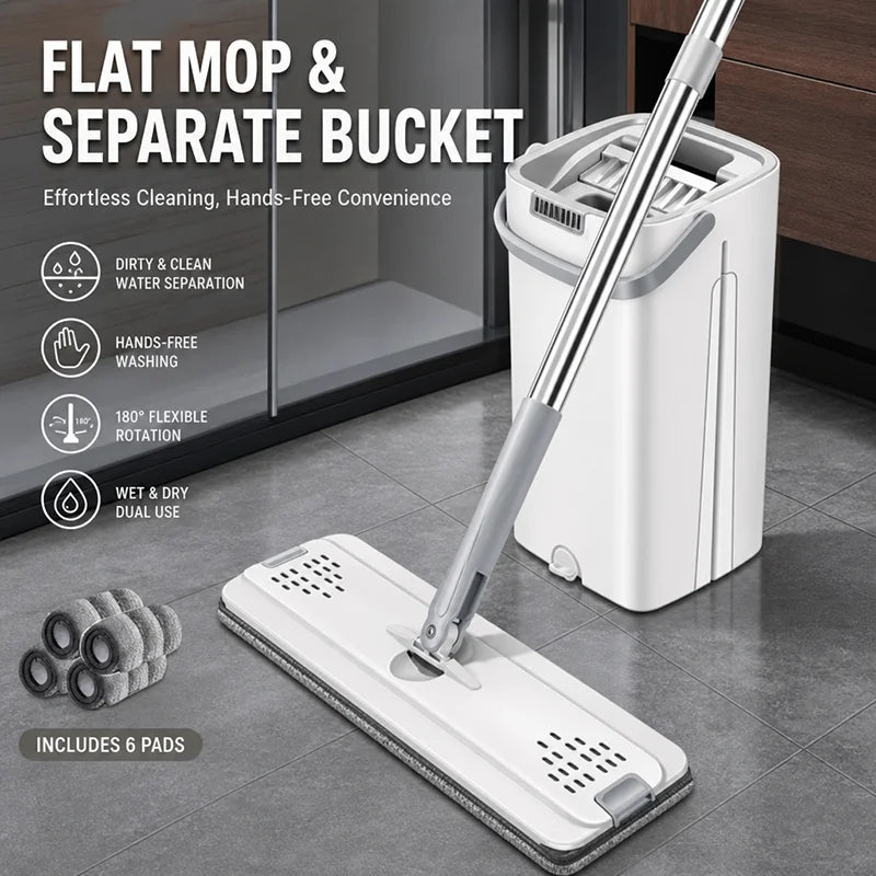 flat mop bucket set for hardwood tile floors with separate bucket for effortless cleaning and hands-free convenience.