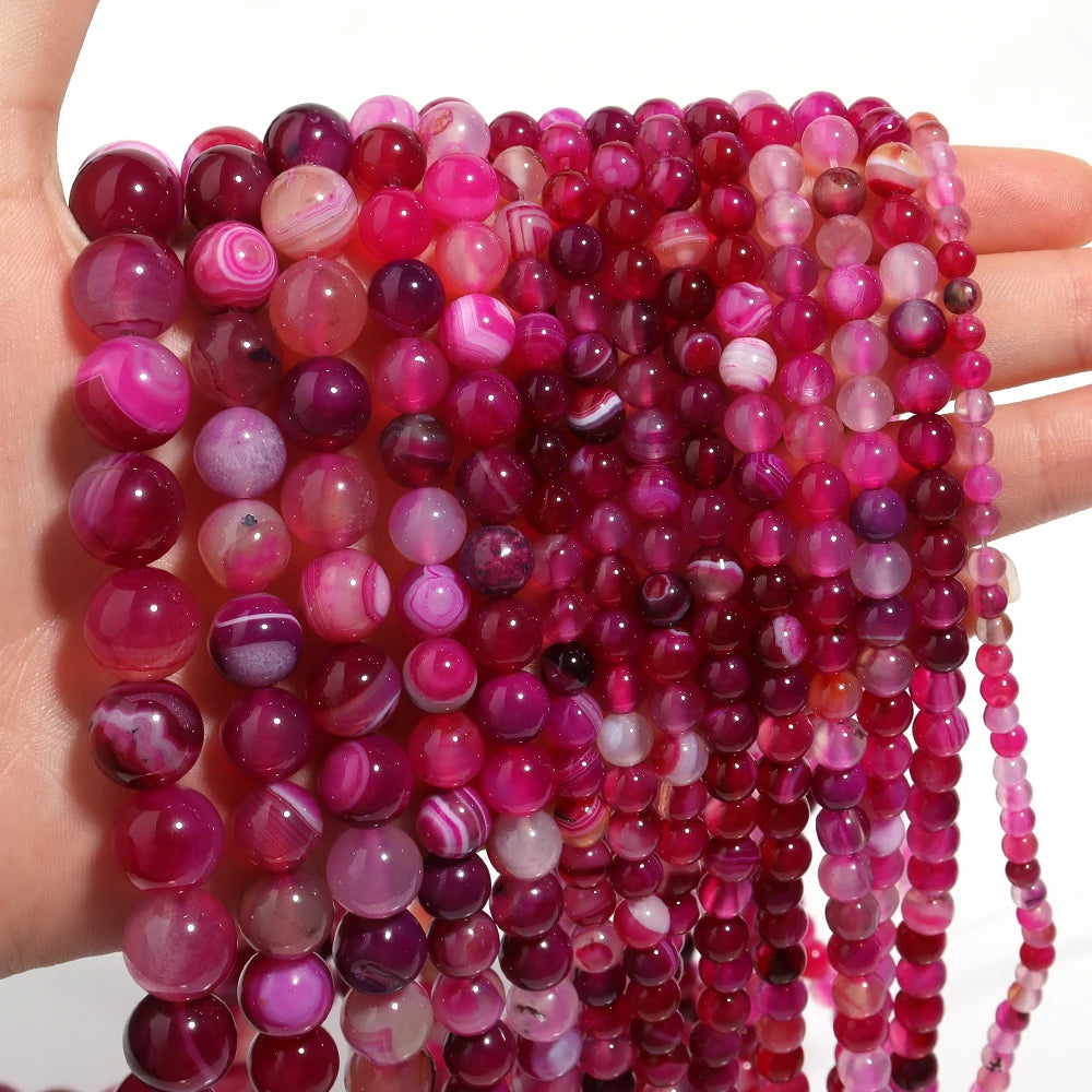 1 Strip 4/6/8/10/12mm Pink Natural Agate Loose Beads Gemstone Round Natural Stone Beads for Jewelry Making DIY Bracelet Necklace