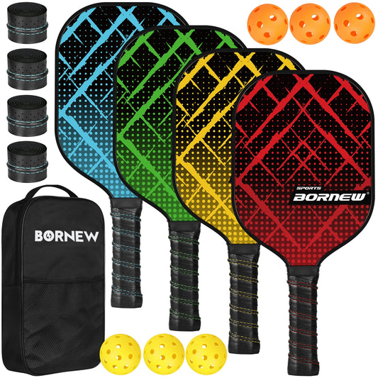 Pickleball Paddles Set of 4, Fiberglass Surface Pickleball Set with 6 Pickleball Balls, 4 Overgrip Lightweight for Beginners