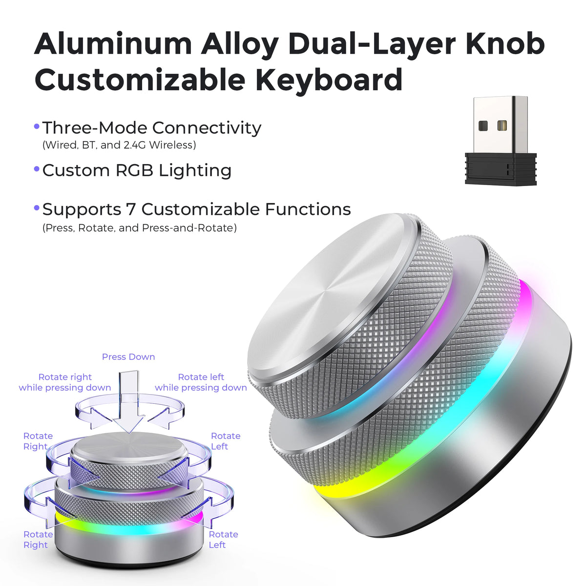 Dual-Layer Knob Wireless Custom Keyboard RGB Custom Control Volume Knob Multimedia Office Craphic Video Audio Editing Artwork