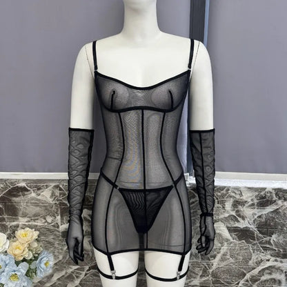 Tornova Erotic Mesh Dress See-through Seductive Body Shaping Hollowout Delicate Hot Women Sexy Lace Flirt Underwear Intimate Set