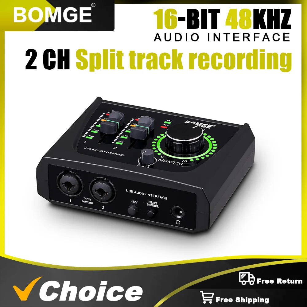 BOMGE Mini 2 Channel USB Audio Interface Sound Card Recording Streaming and Podcasting with XLR/48V Phantom Power for Guitarist