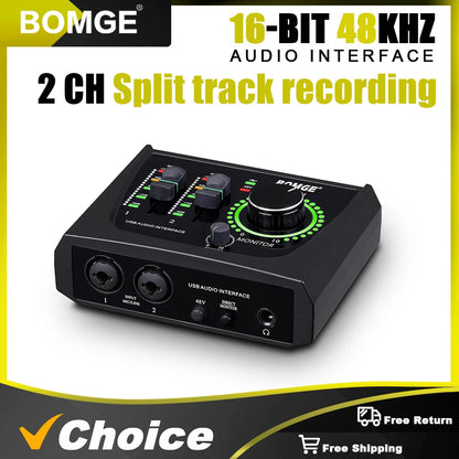BOMGE Mini 2 Channel USB Audio Interface Sound Card Recording Streaming and Podcasting with XLR/48V Phantom Power for Guitarist