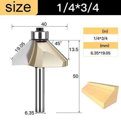 Tideway 45 Deg Bevel Edge Forming Chamfer Router Bits with Bearing Chamfering CNC Wood Cutting Tools Woodworking Milling Cutter