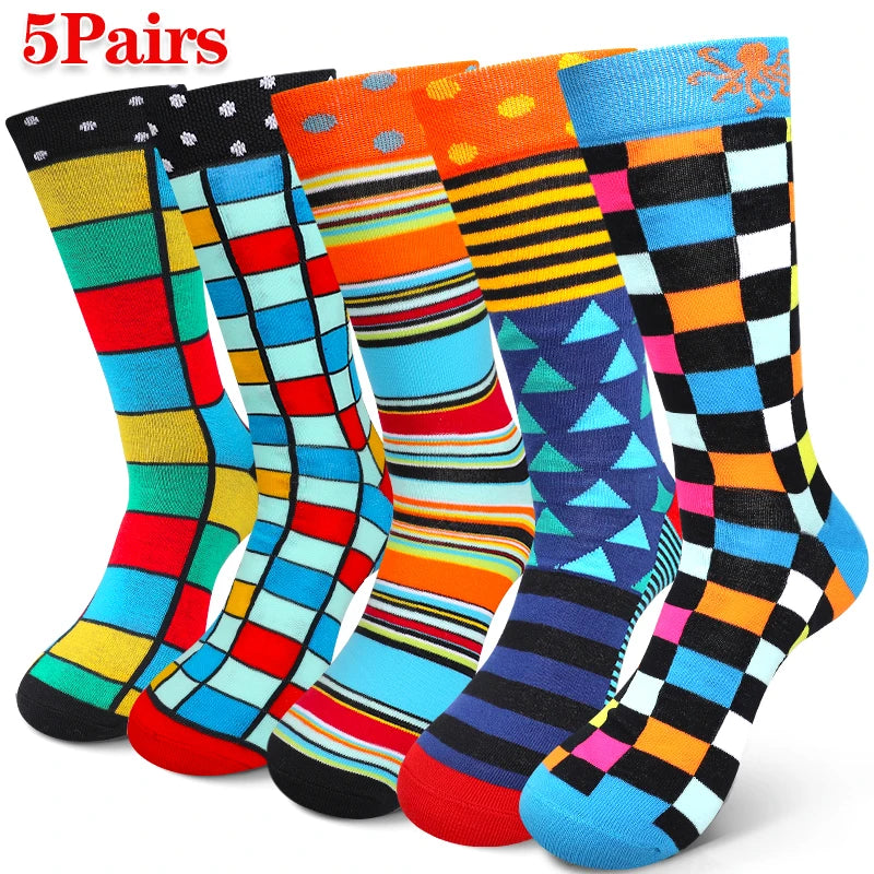5 Pairs Colorful Geometric Men's Mid-tube Socks Fashion Breathable Sports Sock Comfortable Casual Crew Socks Suitable Daily Wear