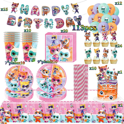 Superkittie Birthday Party Decoration Tableware Tablecloth Plate Cup Napkin Balloon Cake Decor superkitties Party Favors Supply