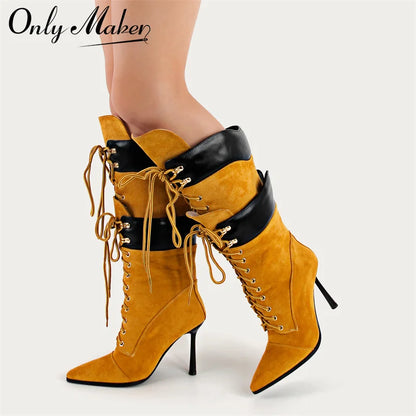 Onlymaker Women Pointed Toe Double Stiletto Heel Lace Up Mid-Calf Boots Faux Suede Nightclub Party  Daily Heel Stylish  Boots