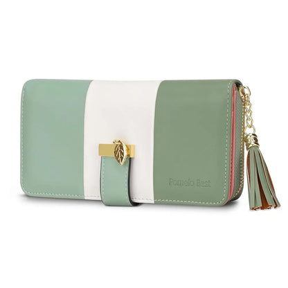 Pomelo Best Tri‑Color Women's Wallet PU Leather Long Zipper RFID Blocking Large Capacity 9 Card Slots Tassel Pendant Fits Phone