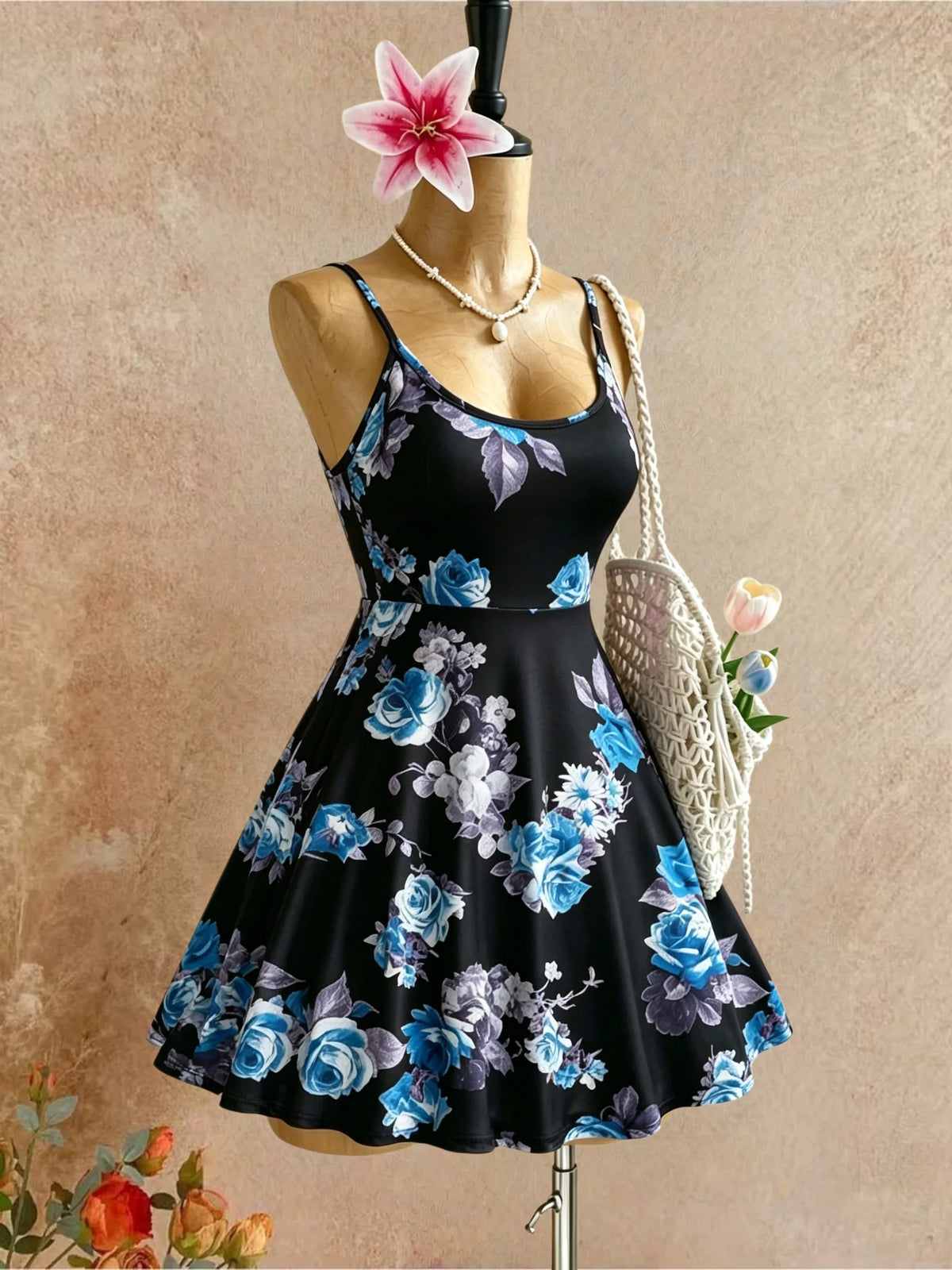 Women Spaghetti Strap U Neck Blue Floral Print High Waist Swing Mini Dress 2026 Summer Y2K Black Background Sleeveless Beach Vac