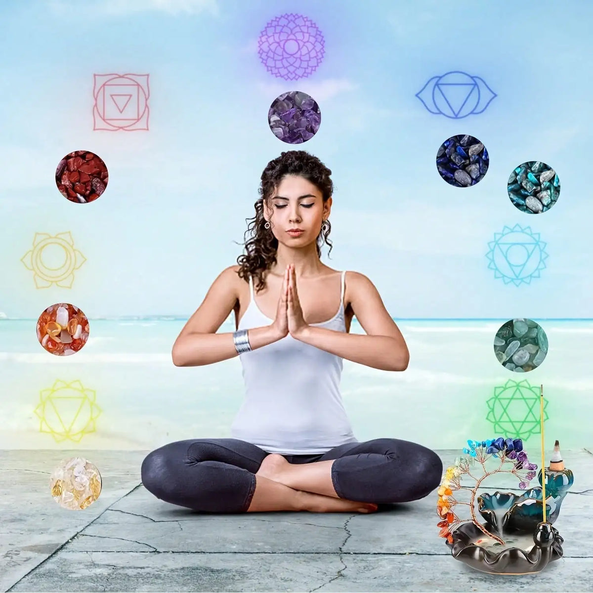 1pc Natural Crystal Seven Chakra Gravels a ceramic 7 flowing backflow cones featuring Phoenix Tail Lucky Tree Healing Gemstone O