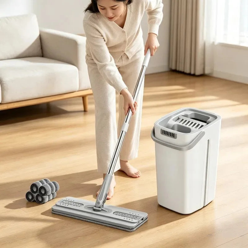 Hands‑Free Flat Mop with Bucket Set 360 Rotatable Wet Dry Floor Cleaner Microfiber Pads for Hardwood Tile Kitchen Floors