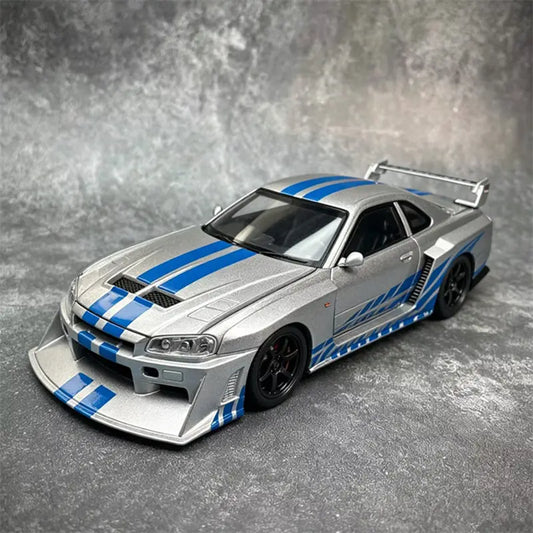 1:24 Silvia Skyline Ares GT-R R34 Alloy Modified Wide Body Sports Car Model Diecasts Metal Raing Car Model Sound Light Kids Gift