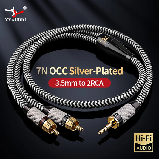 HIFI 3.5 mm to 2Rca Audio Cable 7N OCC Silver Plated RCA Cable AUX RCA Jack 3.5 Y Splitter Cable For Phone Computer to Amplifier