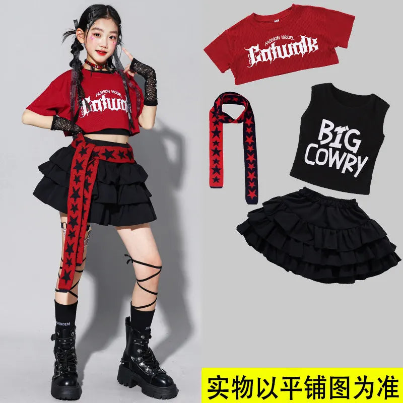 Girls K-pop Fashion Crop Top Bud Skirts Children Hip Hop Street Dance Costume Kids Streetwear Girl Group Jazz Summer Clothes Set