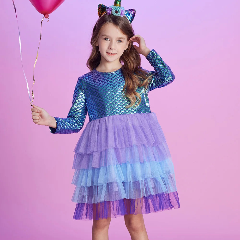 VIKITA Girls Mermaid Print Dress Kids Layered Mesh Tulle Cake Ball Gown Tutu Dresses Girl Party Performance Princess Dress 3-12Y