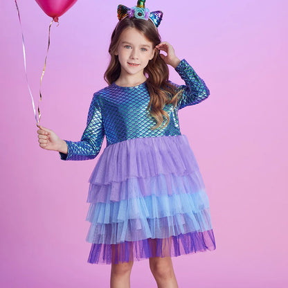 VIKITA Girls Mermaid Print Dress Kids Layered Mesh Tulle Cake Ball Gown Tutu Dresses Girl Party Performance Princess Dress 3-12Y