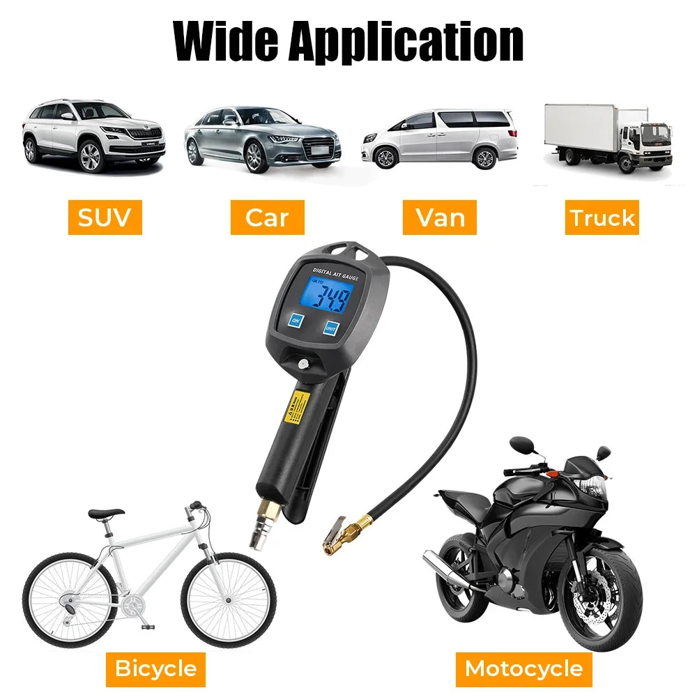 Multi-Unit Tire Inflator Gauge 0-18Kg/cm² 0-1800KPA 0-255PSI 0-18Bar Digital Display For Car Bike Tire Pressure Monitoring
