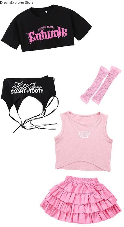 Girls K-pop Crop Top Street Dance Tiered Skirt Cargo Pants Children Costume Kids Hip Hop Streetwear Jazz Girl Group Clothes Sets