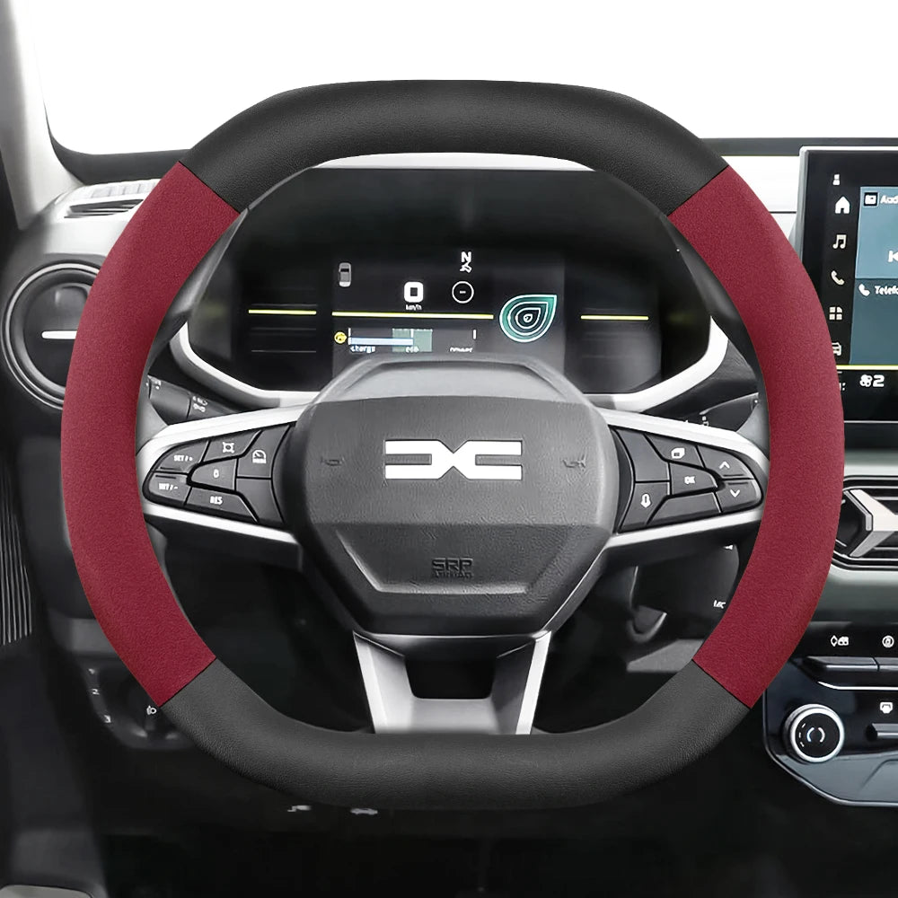 Suitable for Dacia Suede Matte Carbon Fiber Texture Steering Wheel Cover, Suitable for Models Such as Sandero Stepway, Duster, Jogger, Bigster, Spring, Electric, Cargo, Logan, Etc., Black Mocha Car Accessories
