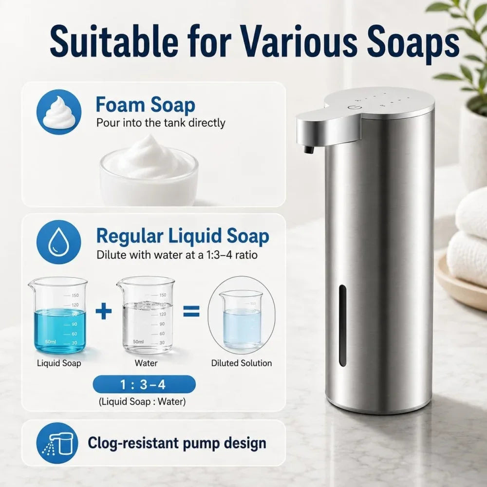 Stainless Steel Automatic Soap Dispenser USB Rechargeable Waterproof Smart Sensor Kitchen/Bathroom Foam/Liquid Soap Dispenser