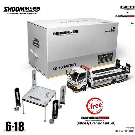 GCD 1/64 Alloy Model Trailer Darwin PRO HINO 300 Flatbed + Tent Gift, Battle Gray A1-STATION Limited Alloy Model Car