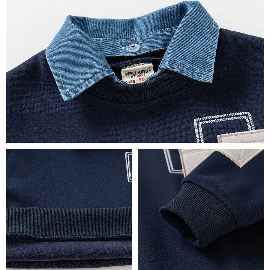1-8Y Autumn Winter Boys Sweatshirt Fleece Lined Kid's Fake Two-Piece Child's Clothing Korean Style Cotton Kids Pullover Top
