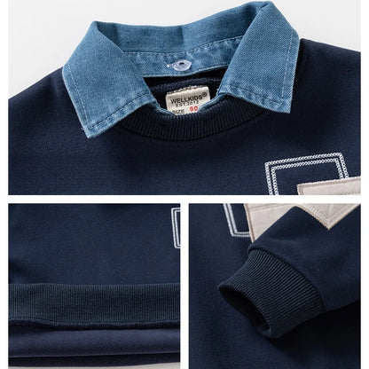 1-8Y Autumn Winter Boys Sweatshirt Fleece Lined Kid's Fake Two-Piece Child's Clothing Korean Style Cotton Kids Pullover Top