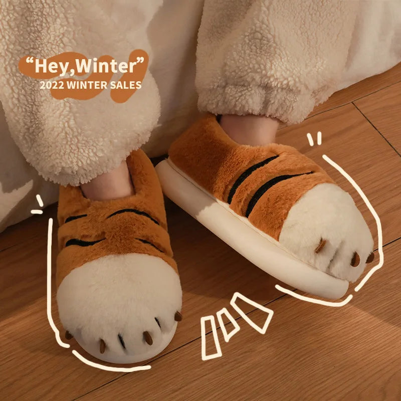 Winter Warm Slipper Women Home Fuzzy Cat Tiger Paw Claw Fur Plush Indoor Lazy man Thermal Furry House Shoe Funny Flat flip flop