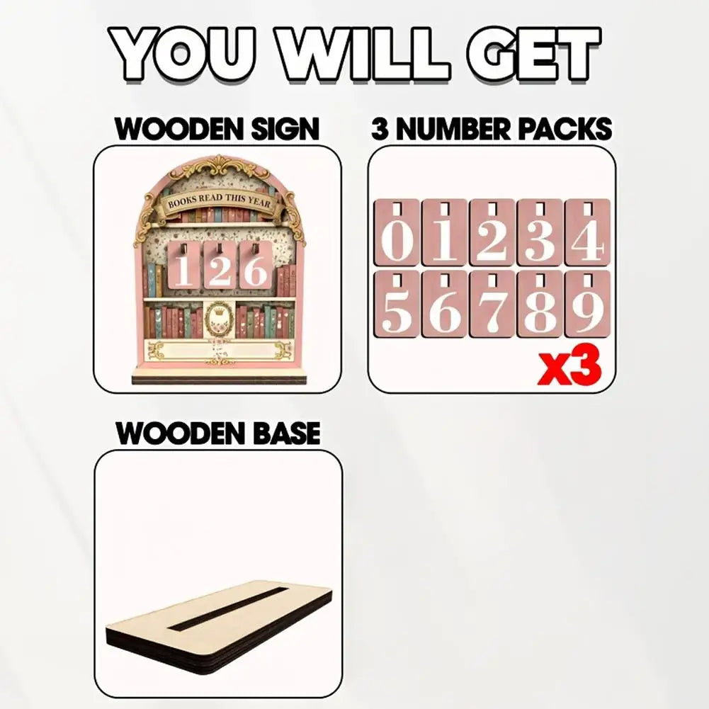 Wooden Book Reading Counter Vintage Year Tracker Multi-Purpose Bookshelf Ornament Home Office Gift for Reading Enthusiast
