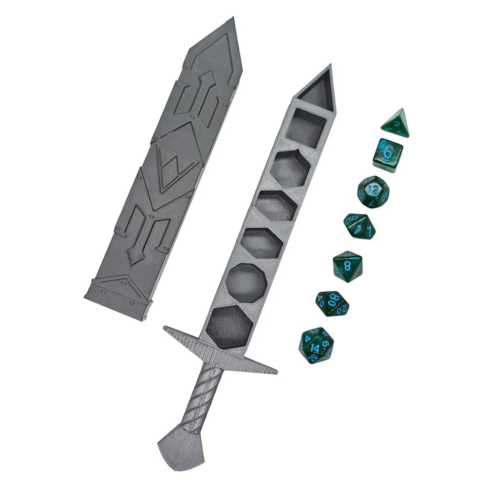 Creative Silvery Sword-shaped Storage Box with 7Pcs DND Dices Set Portable RPG TRPG Games Dice Role Playing Games Accessories