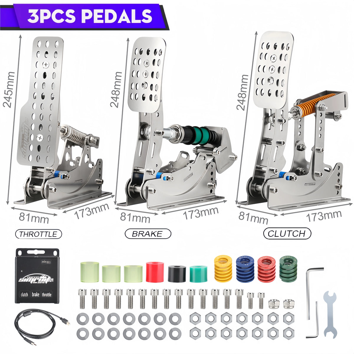 SimRuito Sim Racing LoadCell Pedals 3mm Stainless Steel Racing Simulator Cockpit Pedals for PC Game Gear Pedal for Wheel