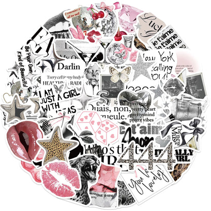 50PCS Silver Lucky Girl Retro Aesthetic Stickers Phone Guitar Laptop Notebook Suitcase Water Bottle Waterproof Sticker Decals