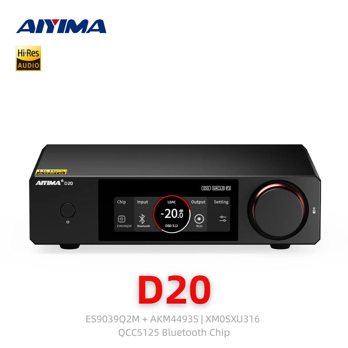 AIYIMA D20 Dual-Chip DAC ES9039Q2M & AK4493S Bluetooth 5.1 ARC USB Coaxial Dual Optical XU316 Fully Balanced HiFi Audio Decoder