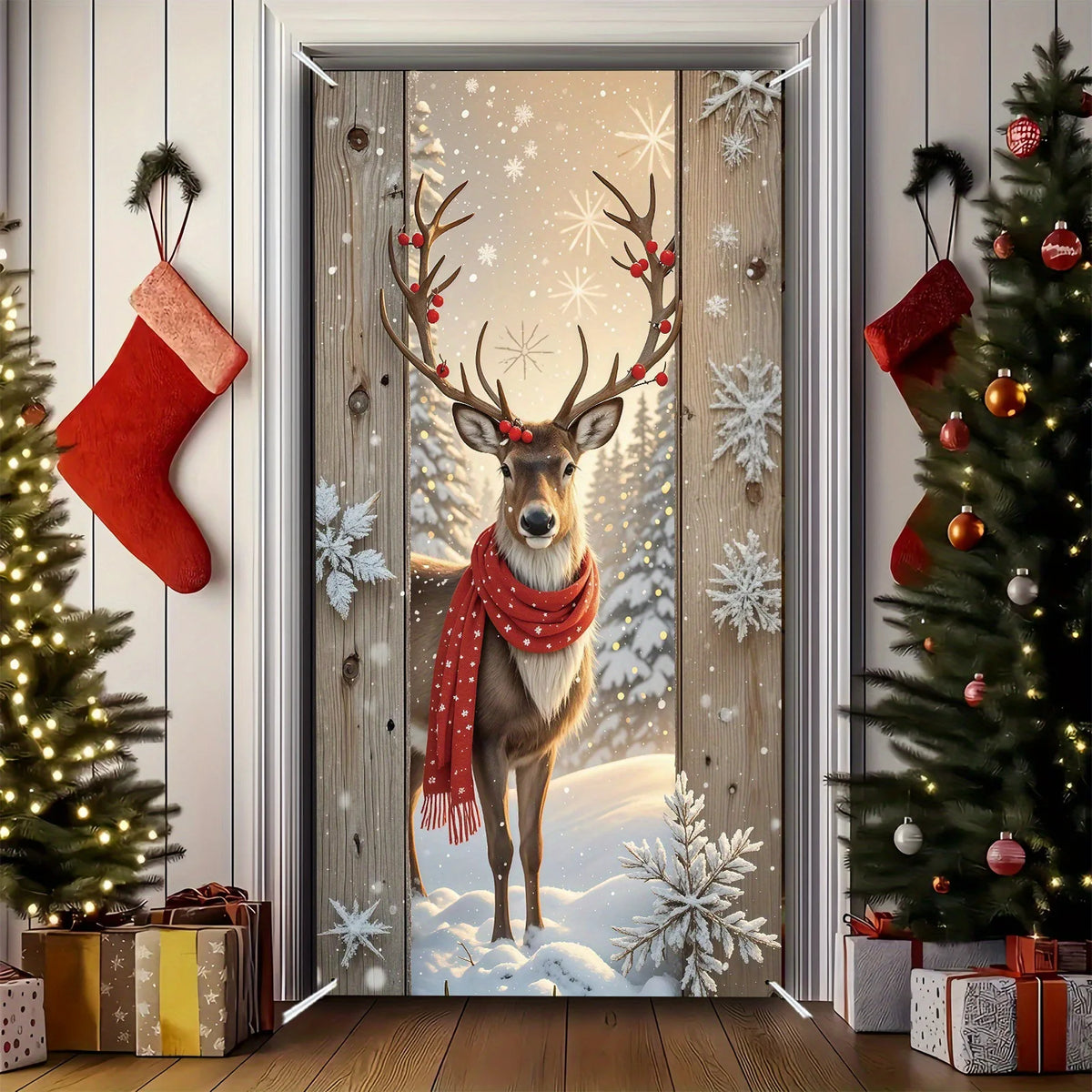 1 Piece Christmas Winter Themed Door Banner, Winter Reindeer and Cranberry Design Door Banner, Holiday Home Decor