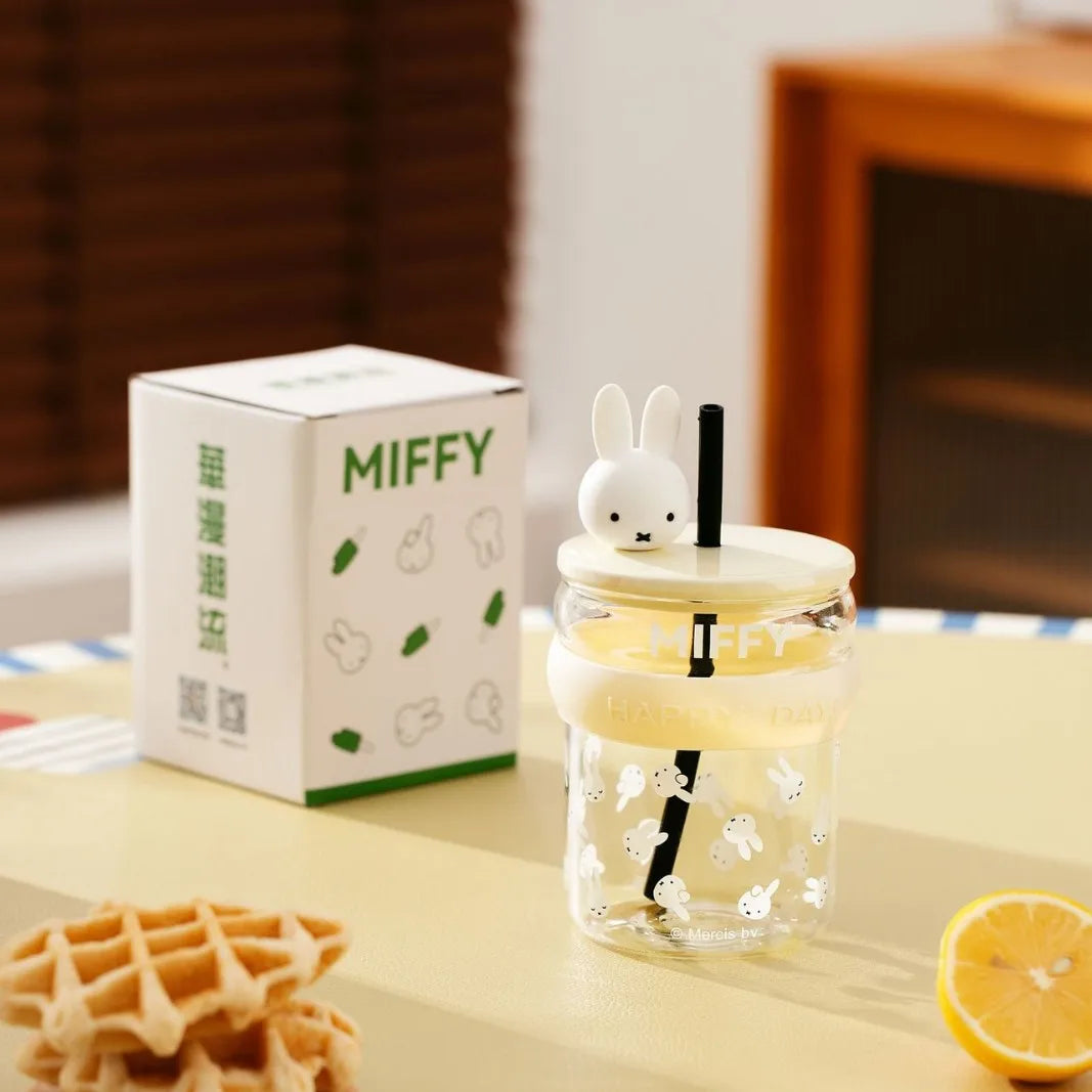 Miffy Anime Cartoon Rabbit Kawaii Glass Cup 450ml Breakfast Milk Juice Cups Cartoon Exquisite Fashion Student Drinking Cups Gift