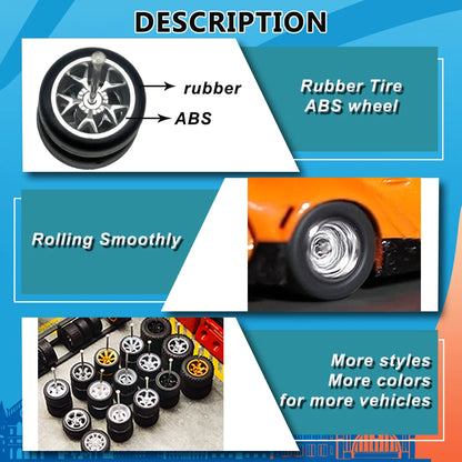 1/64 Wheels Fixed Rubber Tires All Terrain for Toy Model Diecast Cars Refitting Parts for MINIGT (5 Sets for 5 Cars)