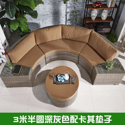 Outdoor round rattan sofa combination garden courtyard semi-circular rattan chair sofa outdoor hotel curved living room sofa