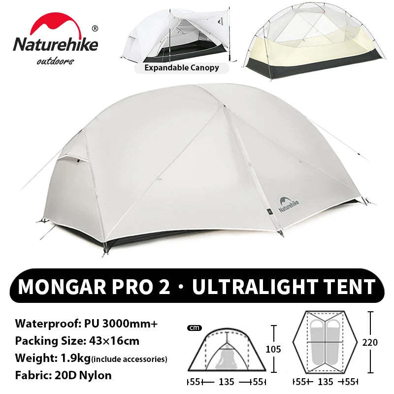 Naturehike Mongar UL PRO 1-3 People Tent 20D Ultralight Travel Waterproof Hiking Survival Outdoor Camping Portable Sun Shelter