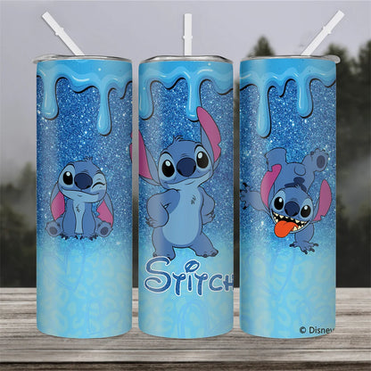 1pc 20oz Disney Stitch Glitter Drip Tumbler Insulated Stainless Steel Cup with Straw for Hot Cold Drinks Perfect Holiday Gift