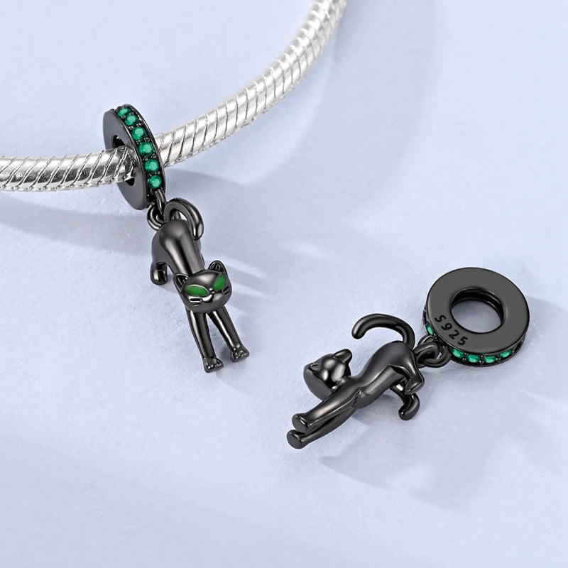 Black Series 925 Sterling Silver Mystical Luck Black Cat Magic Protection Charm Fit DIY Bracelet Necklace Niche Gothic Gifts