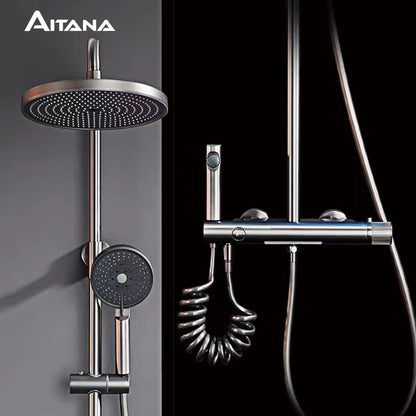 Luxury brass gun gray shower system with simple design, cold and hot dual control waterfall style water outlet bathroom faucet